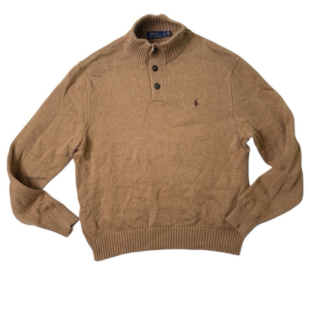 Polo Ralph Lauren Mens Sweater Knit 1/4 Button Tan Brown Pony Preppy XL Academia